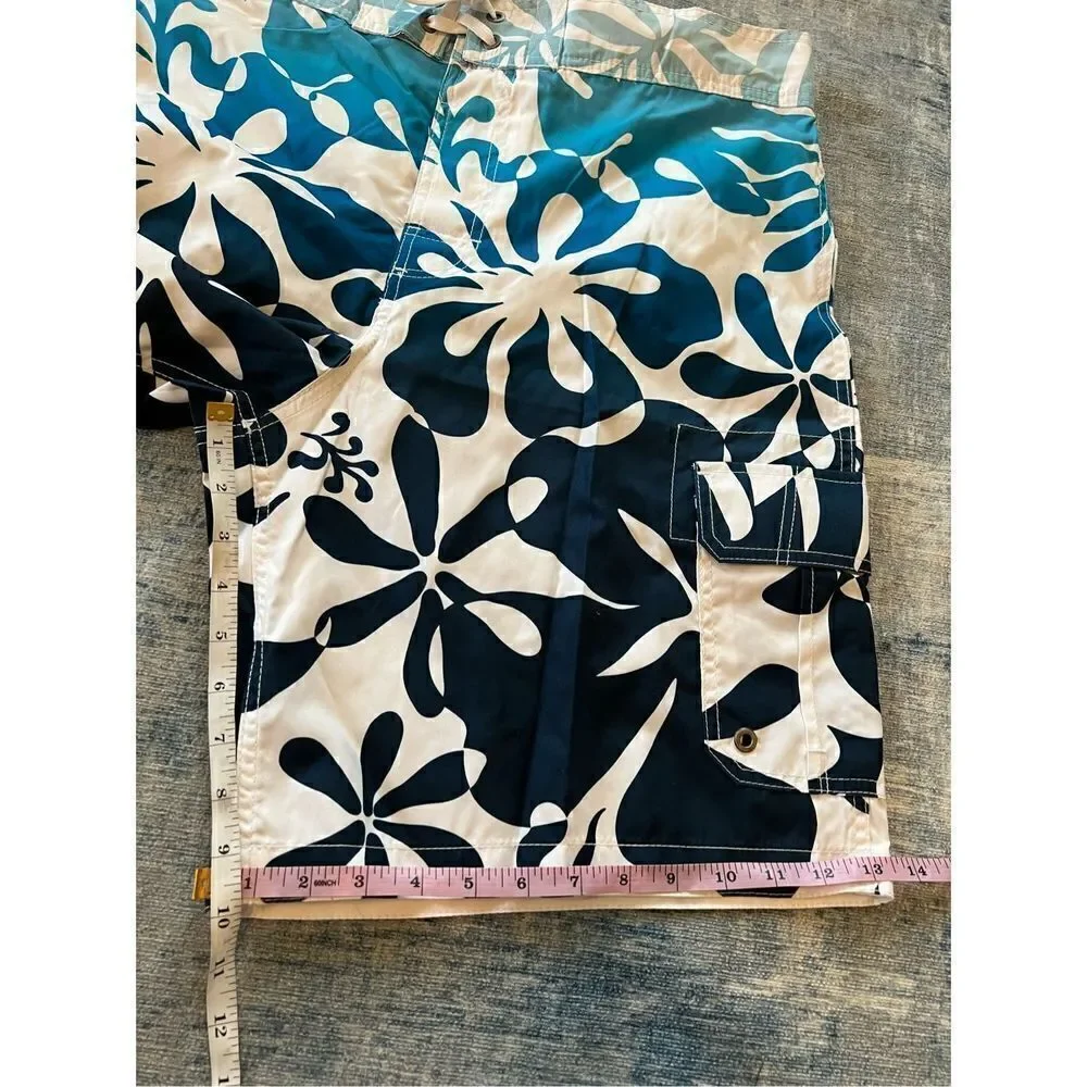 Merona Blue White Tropical Floral Print Cargo Swim Board Shorts Men's Large